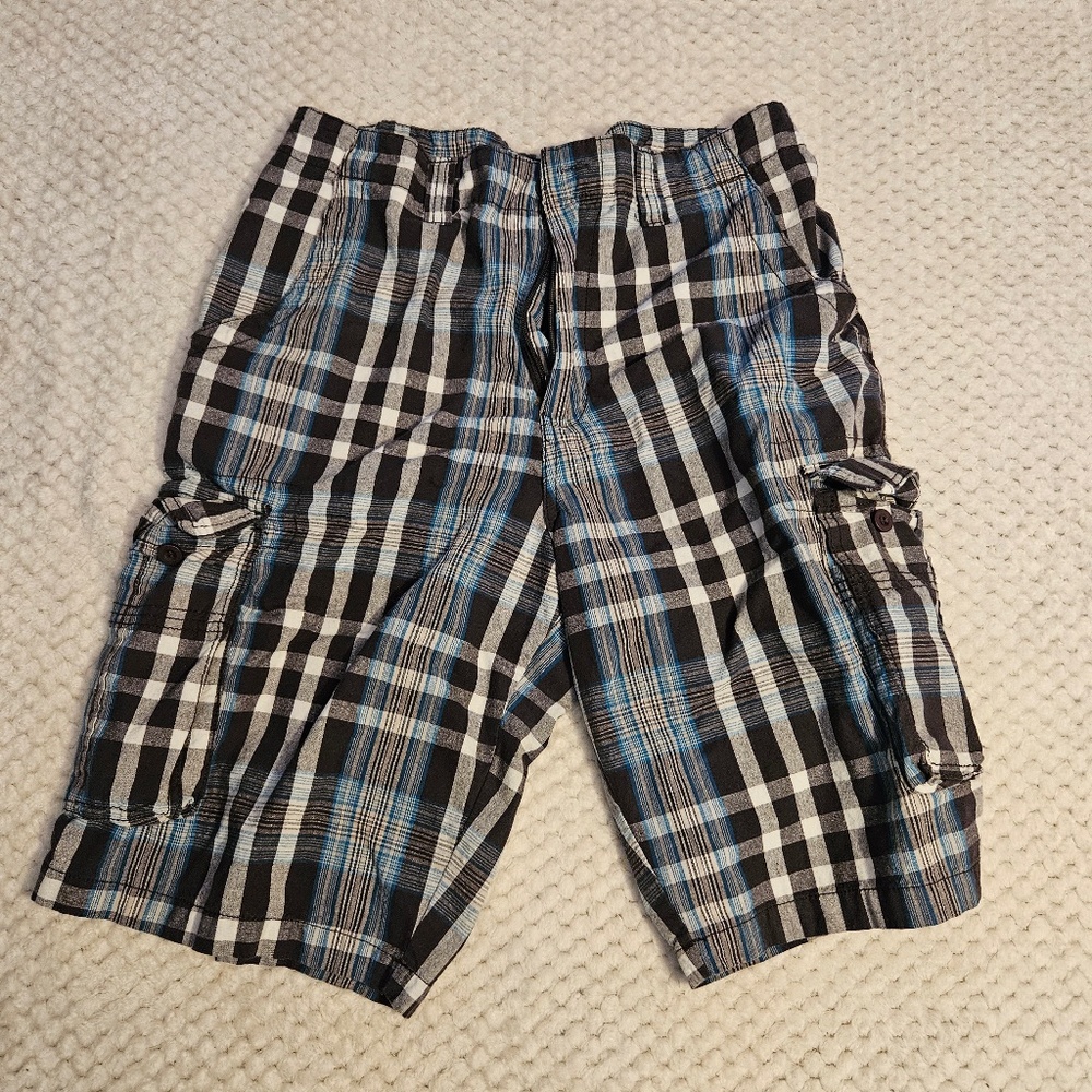 Beverly Hills Polo Club Blue Plaid Cargo Shorts Mens Size 32